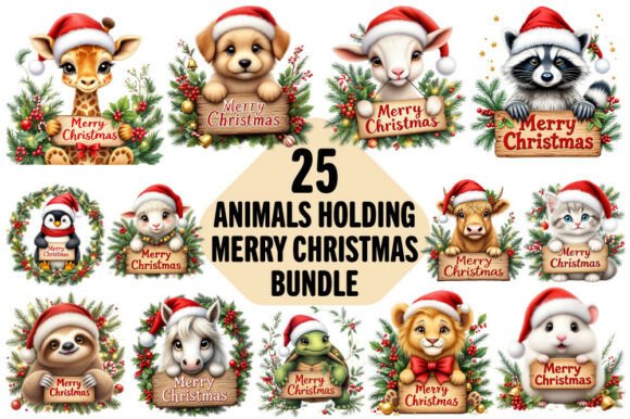 Animal Merry Christmas Sign Sublimation Illustrations for Sellers