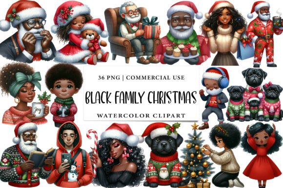 Black Family Christmas Clipart for Modern Illustrations