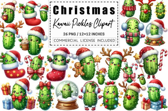 Christmas Kawaii Pickles Clipart in Illustrations