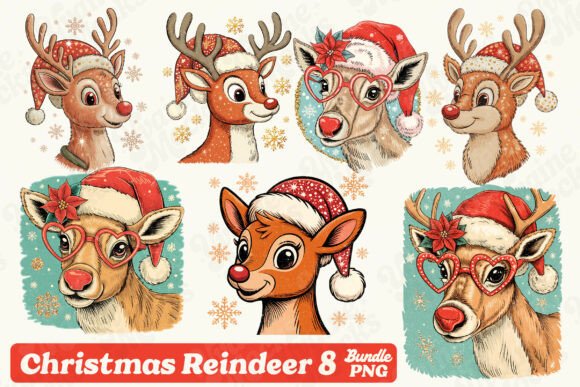Christmas Reindeer PNG Bundle Clipart Illustrations