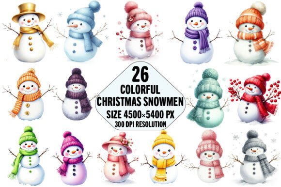 Colorful Christmas Snowmen Bundle for Illustrations