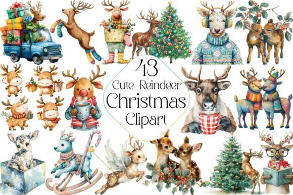 Cute Reindeer Christmas Clipart Png in Illustrations
