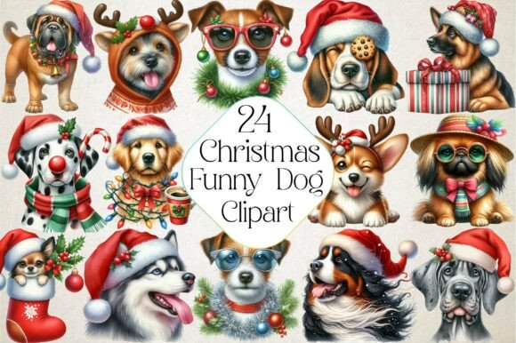 Funny Christmas Dog Portraits Clipart for Illustrations