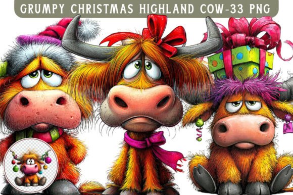Grumpy Christmas Highland Cow Clipart: A Festive Illustration for Local Business Branding