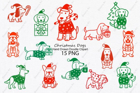 Hand Drawn Christmas Dogs Doodle Clipart for Illustrations
