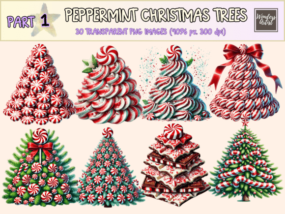Peppermint Christmas Trees P1 Clipart for Illustrations