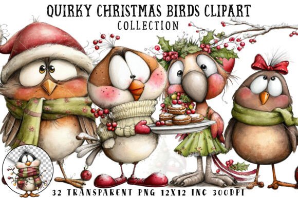Quirky Christmas Birds Clipart: A Festive Graphic Design Asset for Crafters