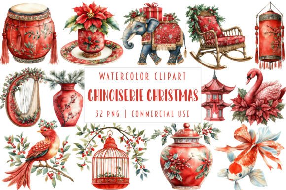 Red Chinoiserie Christmas Clipart Review