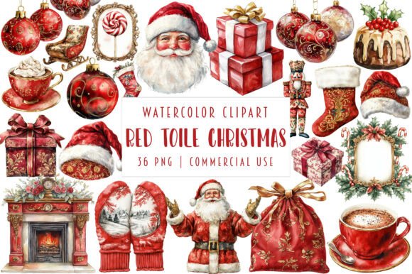 Red Toile Christmas Clipart for Bloggers and Illustrations