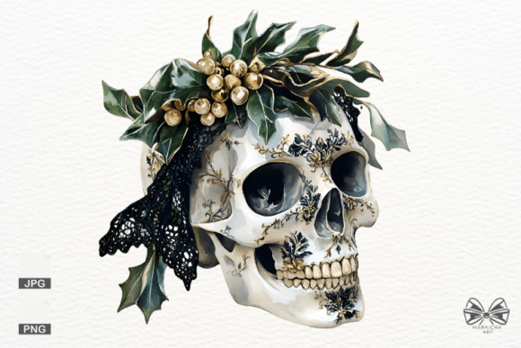 Skull with Christmas Mistletoe Png Illustrations