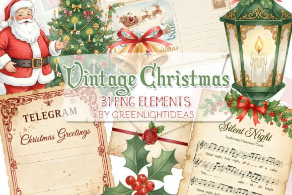 Vintage Christmas Junk Journal Ephemera: A Festive Illustration Asset for Local Business Branding