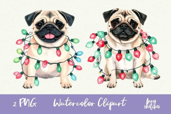 Vintage Christmas Pug Clipart Retro: Illustrations for Branding