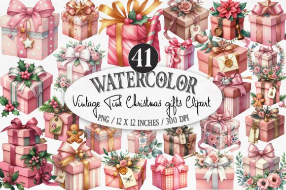 Vintage Pink Christmas Gifts Clipart Review