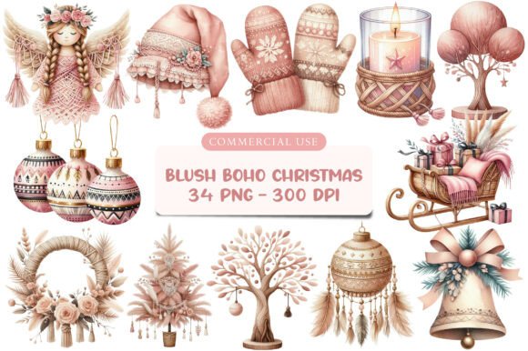 Watercolor Blush Boho Christmas Clipart for Illustrations