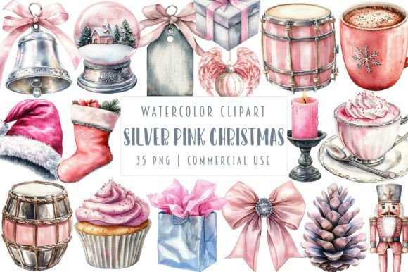 Watercolor Silver Pink Christmas Clipart Illustrations Review