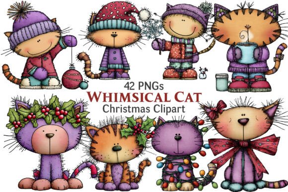 Whimsical Christmas Cat Clipart Bundle for Illustrations